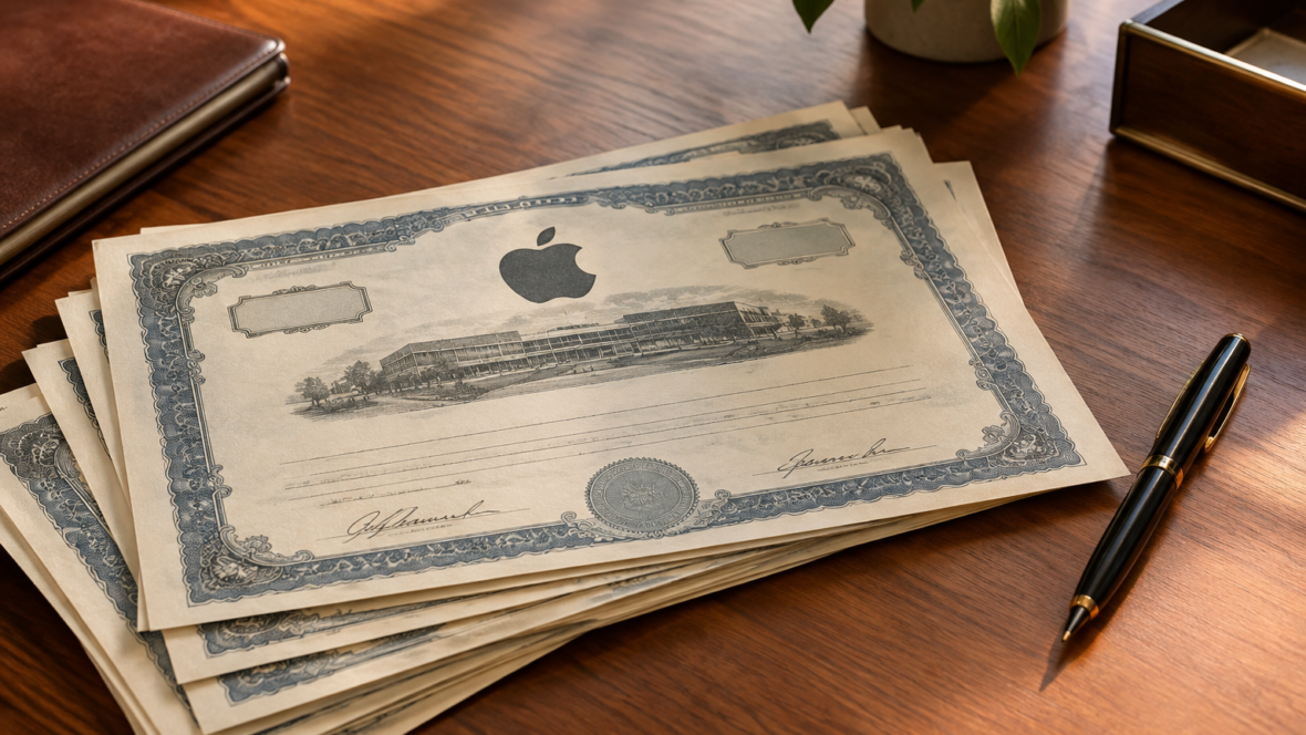 Стек акцій Apple і ручка на столі