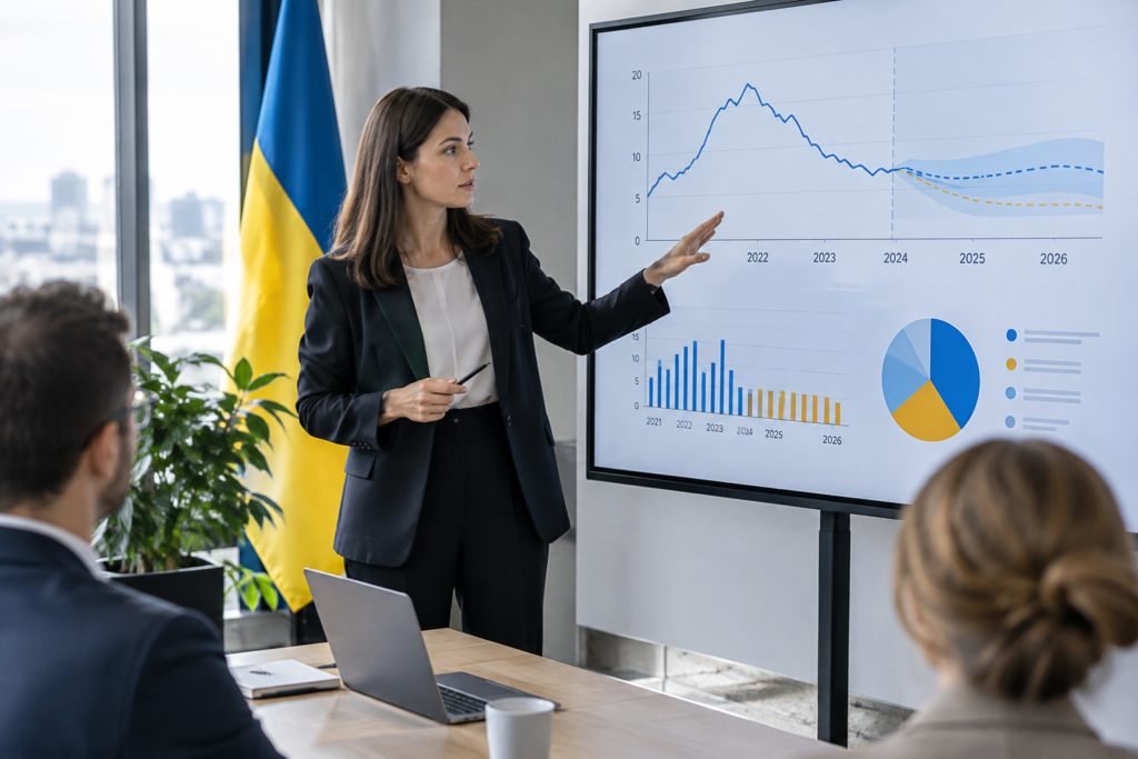 Аналітик показує прогноз інфляції на екрані в офісі на тлі українського прапора