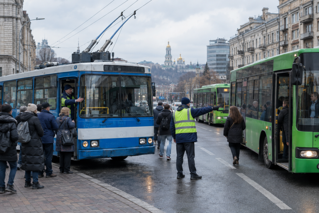 зупинений тролейбус і автобуси на вулиці Києва під час відключення електроенергії