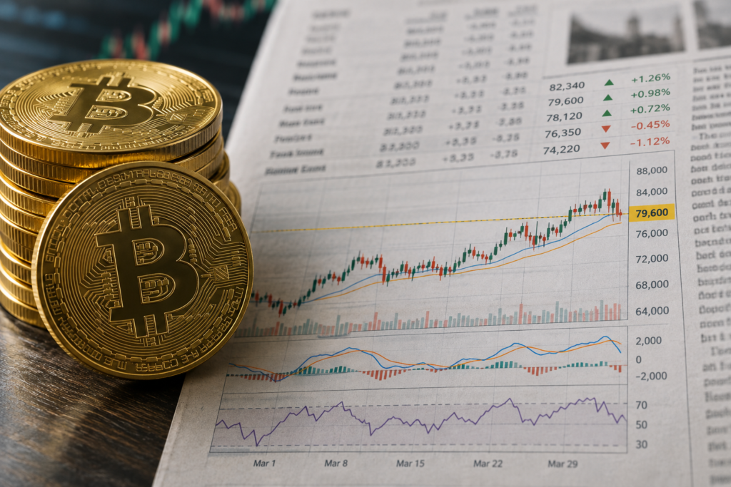 Купа монет BTC поруч з фінансовою газетою і підсвіченим рівнем $79 600