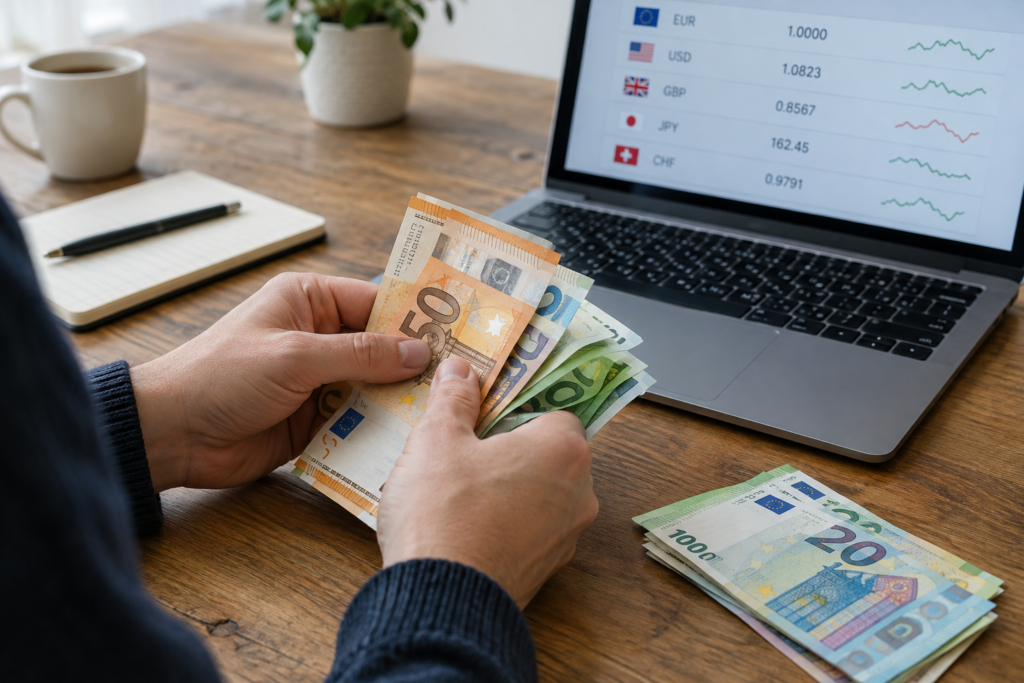 Руки рахують готівкові євро на столі на фоні ноутбука з курсами валют