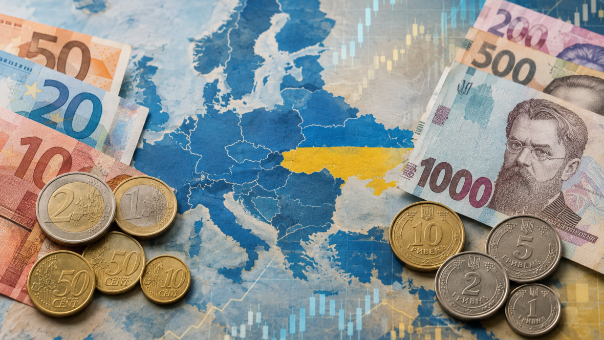 Євро та гривня на карті Європи з графіками курсів