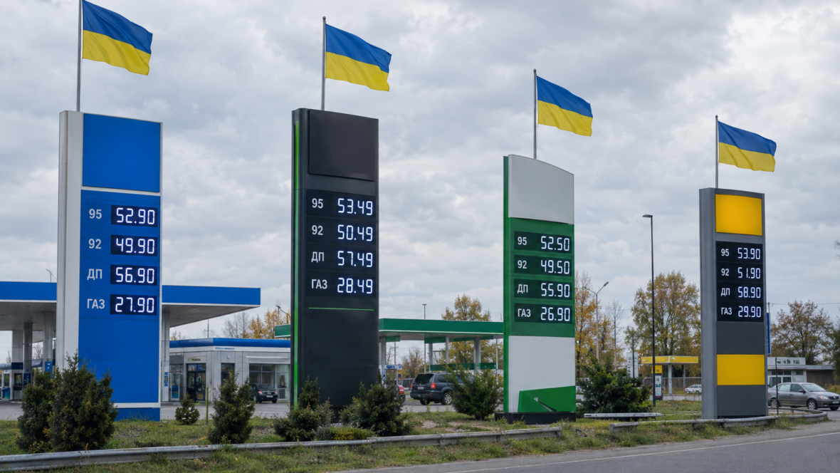 Багато табло з цінами на пальне поруч, прапори України, документальний стиль