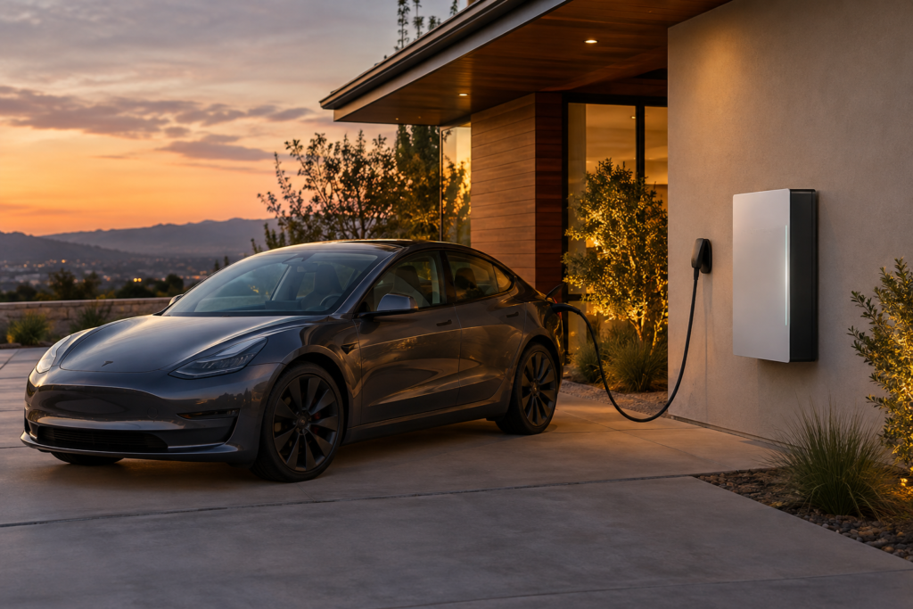 Tesla Model 3 біля будинку з Powerwall 3 і настінним зарядним пристроєм