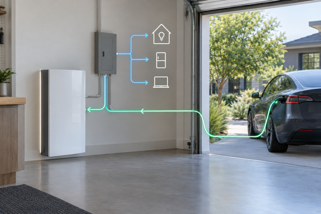 Інтер'єр системи енергопостачання дому з Powerwall 3 і схемою V2H від Model Y
