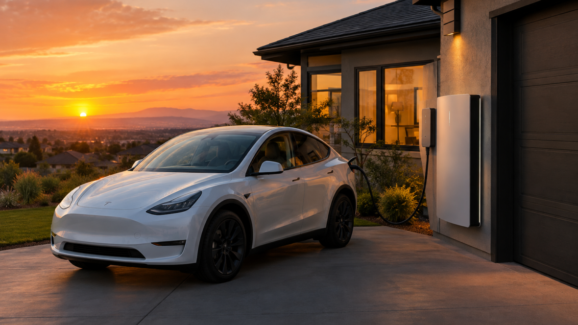 Tesla Model Y підключена до Powerwall 3 біля приватного будинку