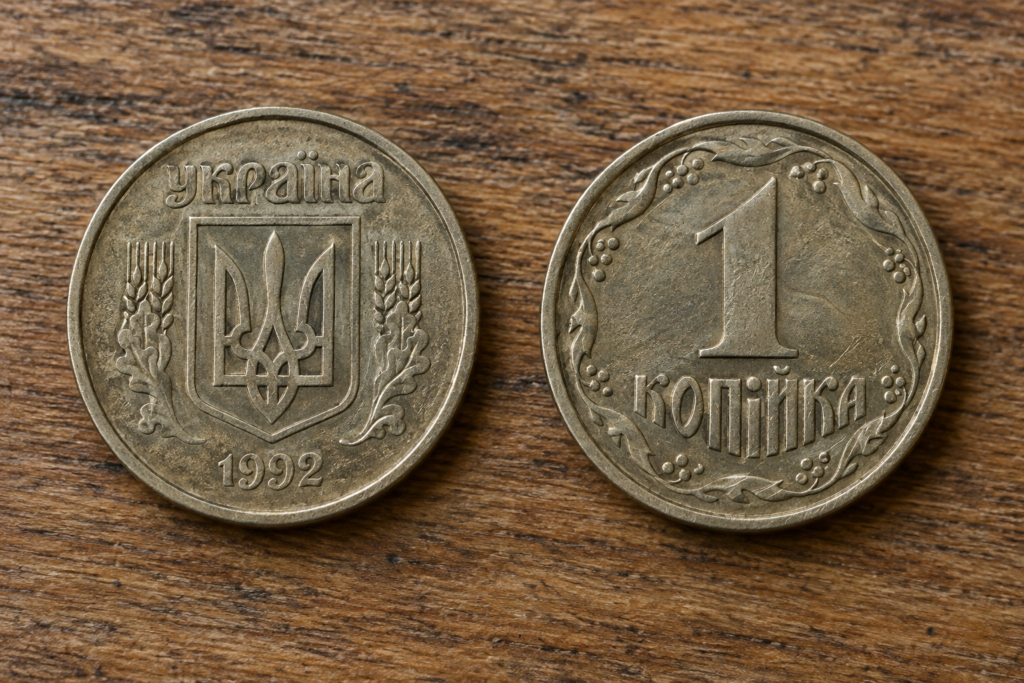 Близький план 1 копійки 1992 року з обох боків на дерев'яному столі, м'яке природне освітлення