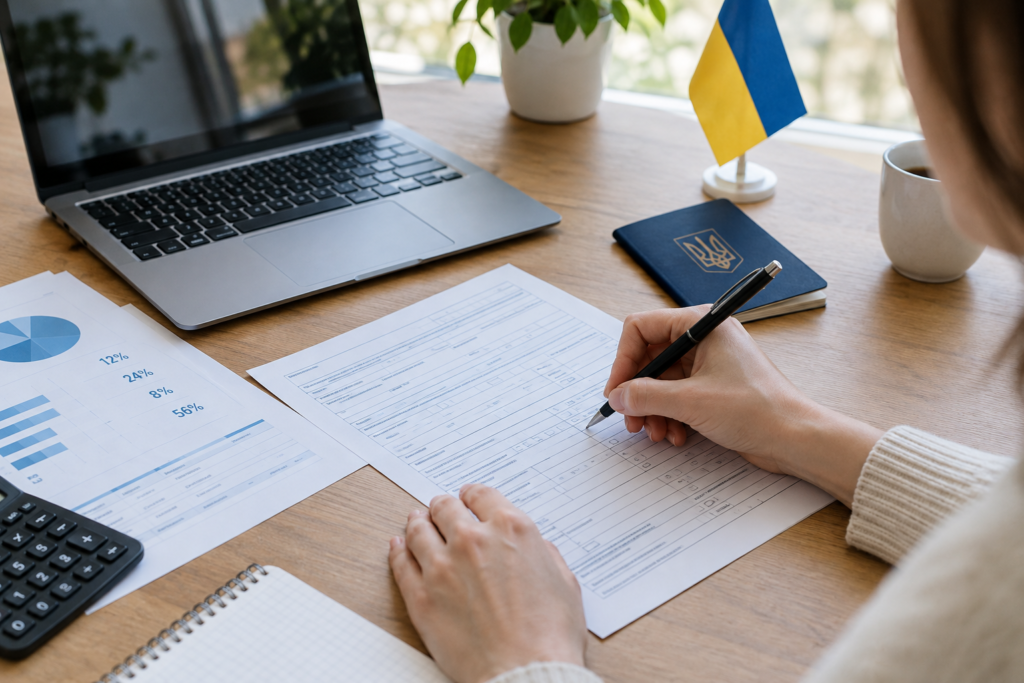 Людина заповнює податкову декларацію на столі з паспортом і ноутбуком