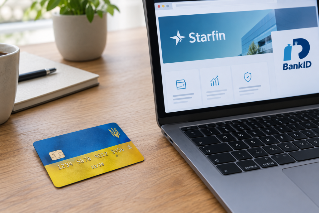 українська банківська картка поруч з ноутбуком на якому відкрито сайт Starfin і логотип BankID
