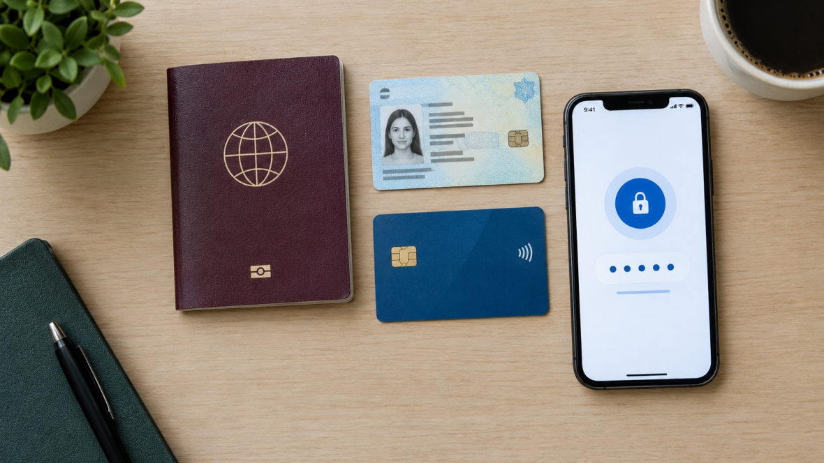 компоновка документів для онлайн заявки на кредит паспорт, ІПН, банківська картка і телефон з інтерфейсом BankID