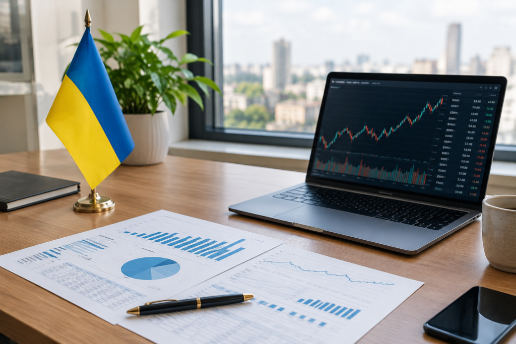Робочий стіл з українським прапором і фінансовими звітами