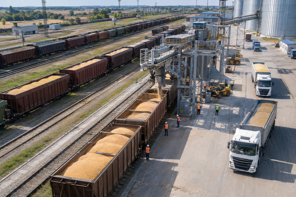 залізничний майданчик із вагонами для зерна та працівниками, вид згори, реалістична сцена українською