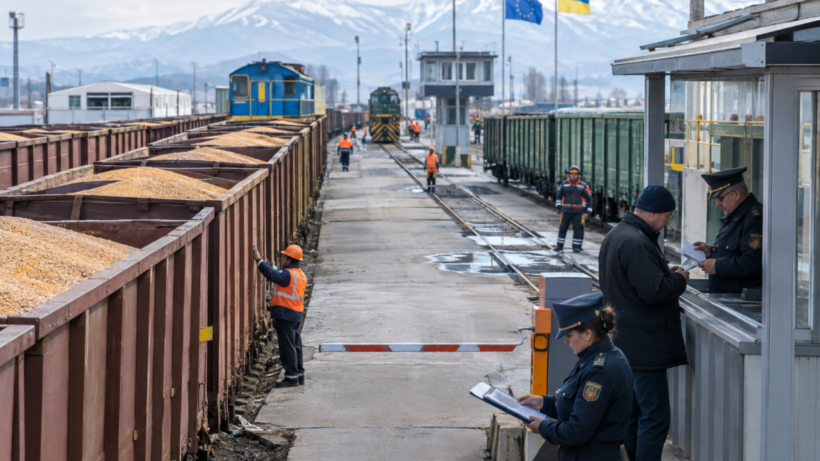 прикордонний залізничний перехід з вагонами для зерна і оформленням документів українською