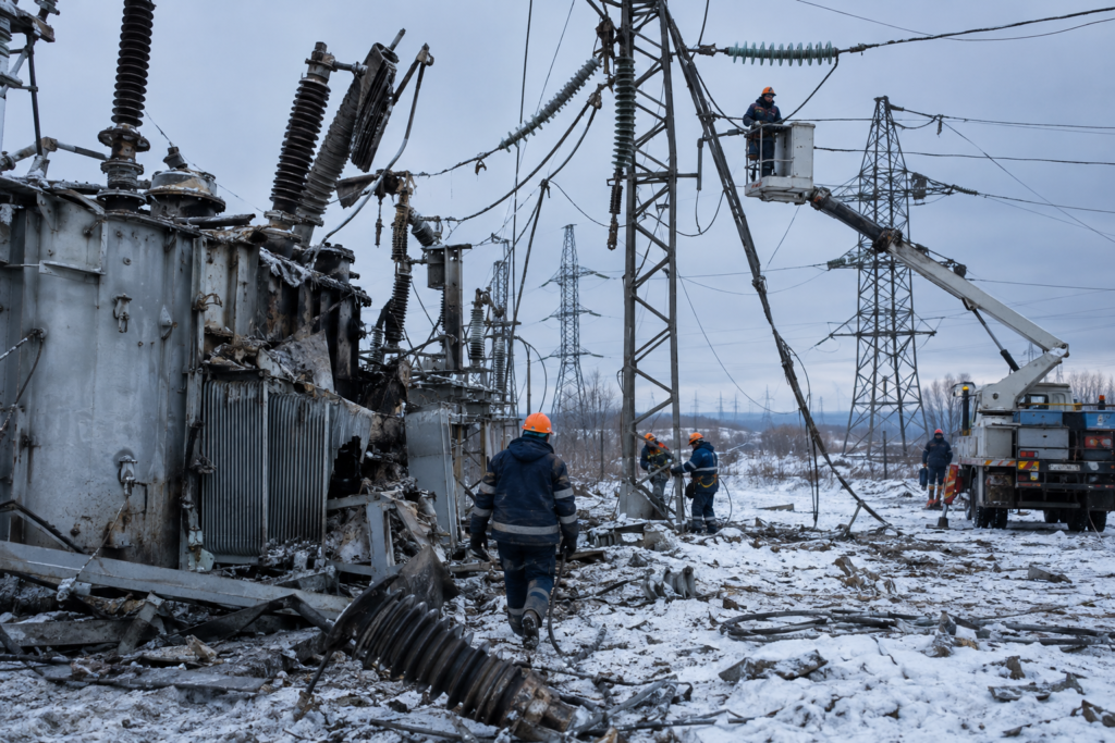 пошкоджена підстанція і високовольтні лінії, ремонтні бригади працюють у зимовому небі