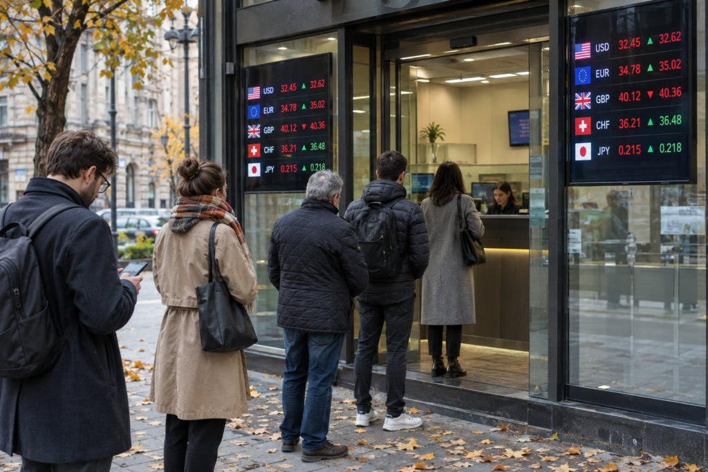 Обмінний пункт з електронним табло курсів, люди в черзі українською