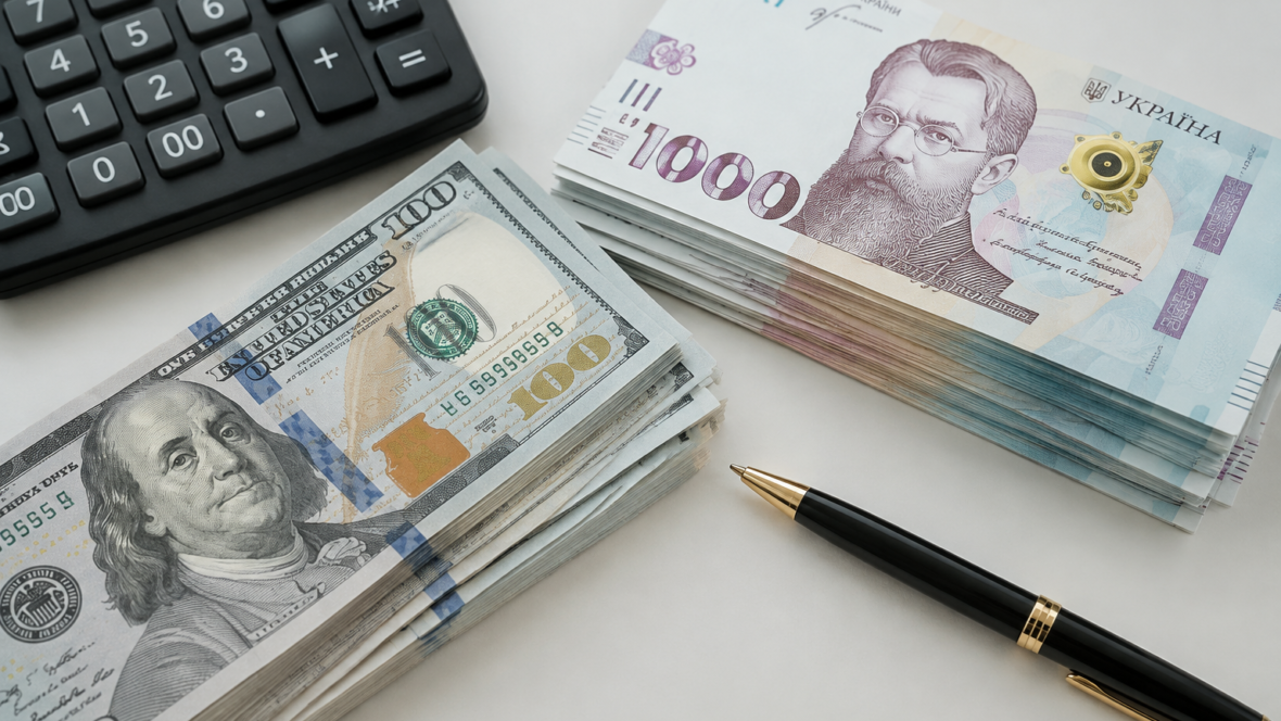 Долари та гривні на столі з калькулятором українською