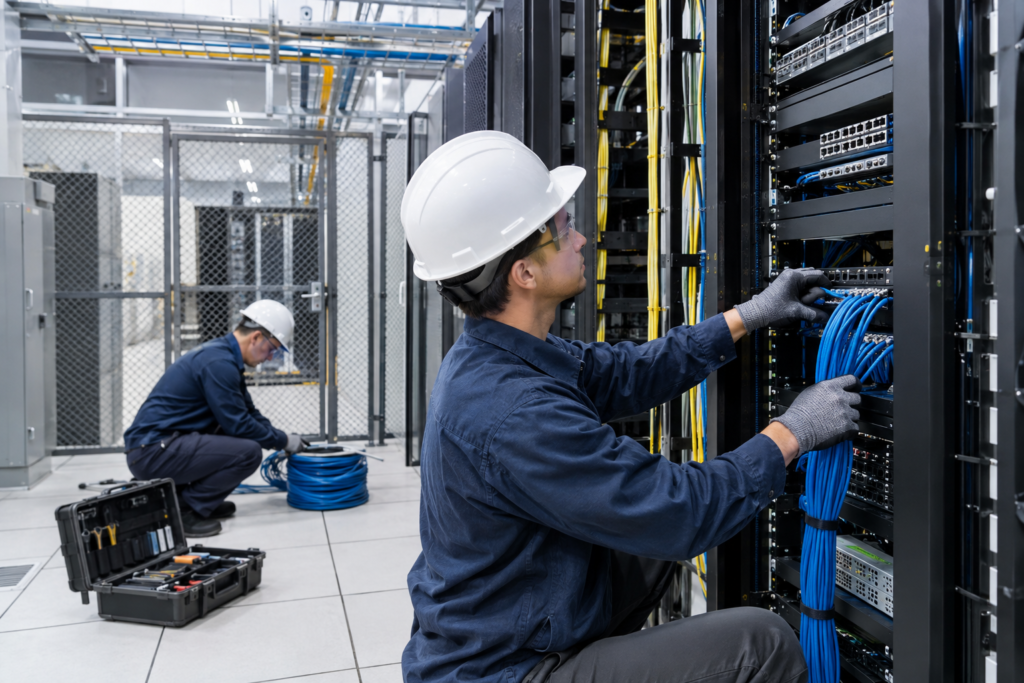 Техніки встановлюють телекомінфраструктуру всередині захищеного приміщення