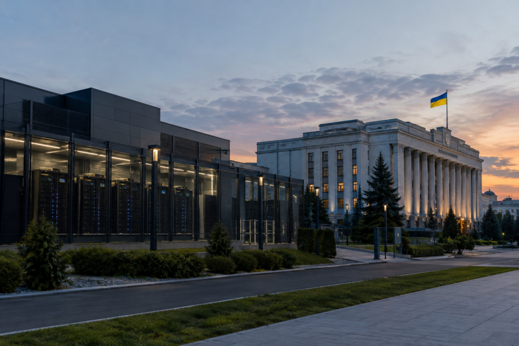 Дата-центр поруч із державною будівлею в вечірньому освітленні