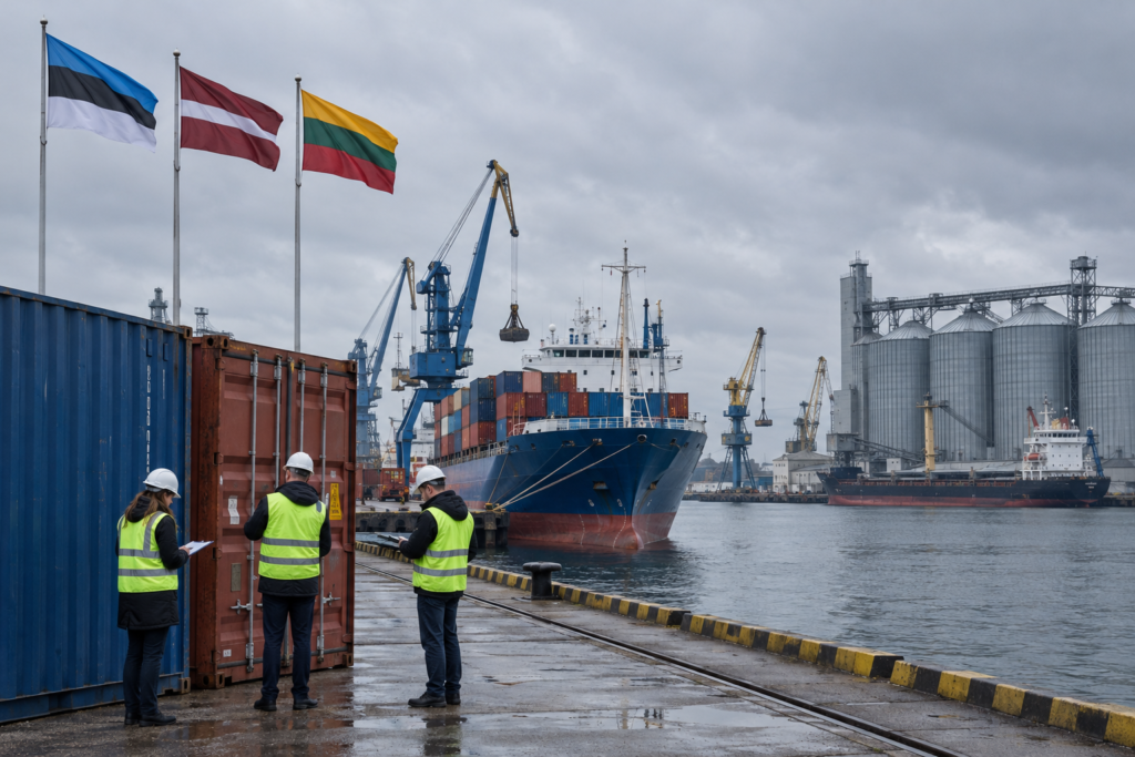 Порт на Балтійському морі з вантажними судами та зерновими силосами