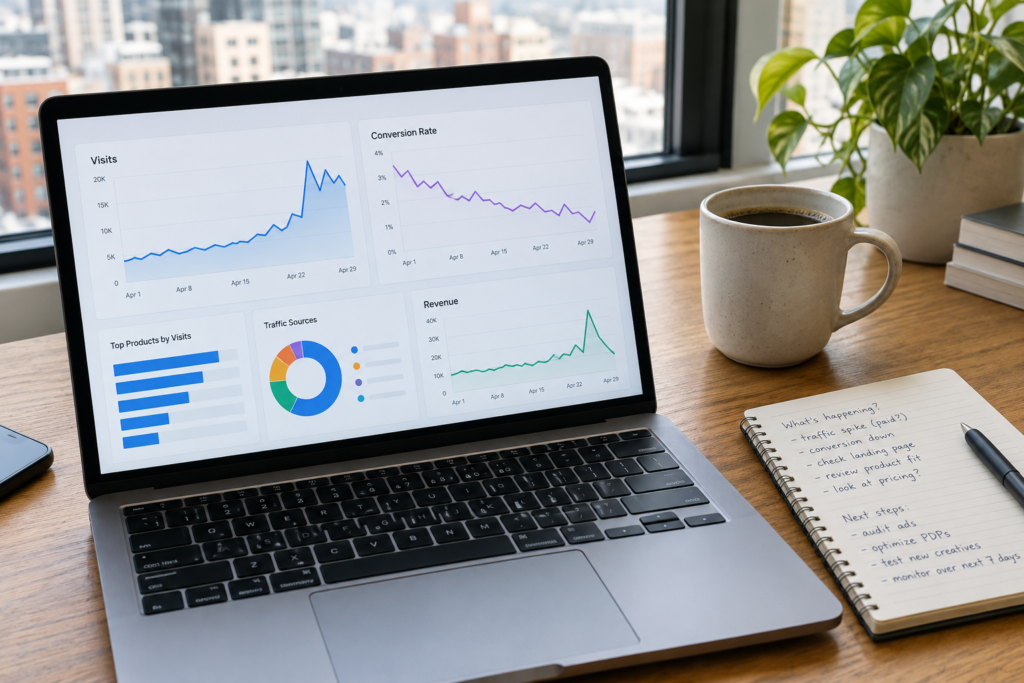 аналітика e‑commerce на ноутбуці, графіки зростання трафіку і падіння конверсії