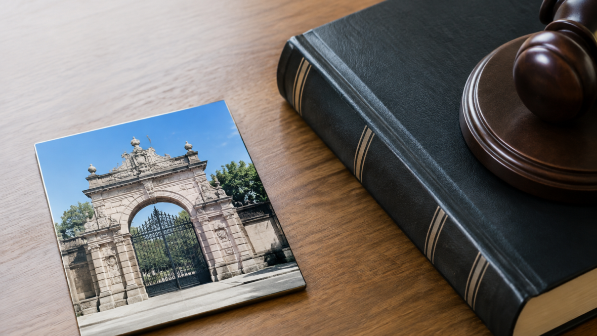 Магніт із зображенням брами поруч із юридичною книгою