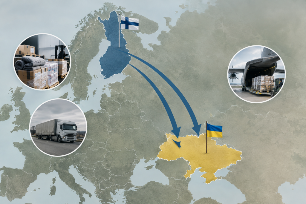 Карта з позначенням шляху доставки допомоги з Фінляндії до України