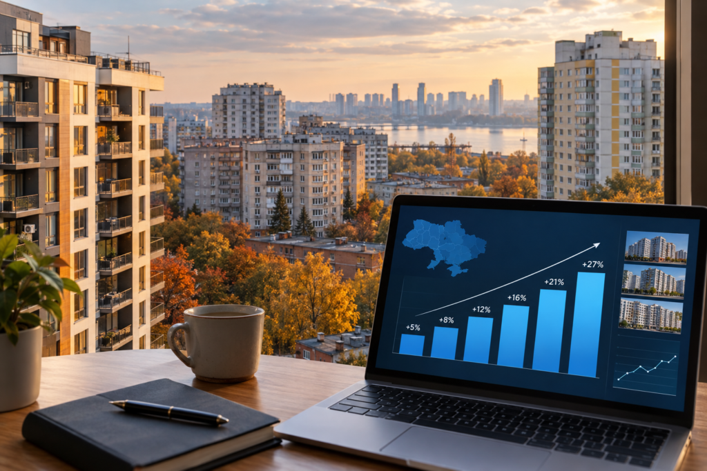 Інфографіка міського ринку оренди з підвищенням цін на тлі житлових будинків українською осінньою палітрою
