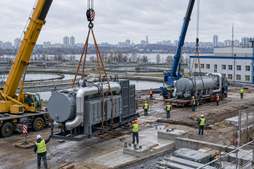 Розвантаження обладнання для резервного теплопостачання біля водоканалу в Києві
