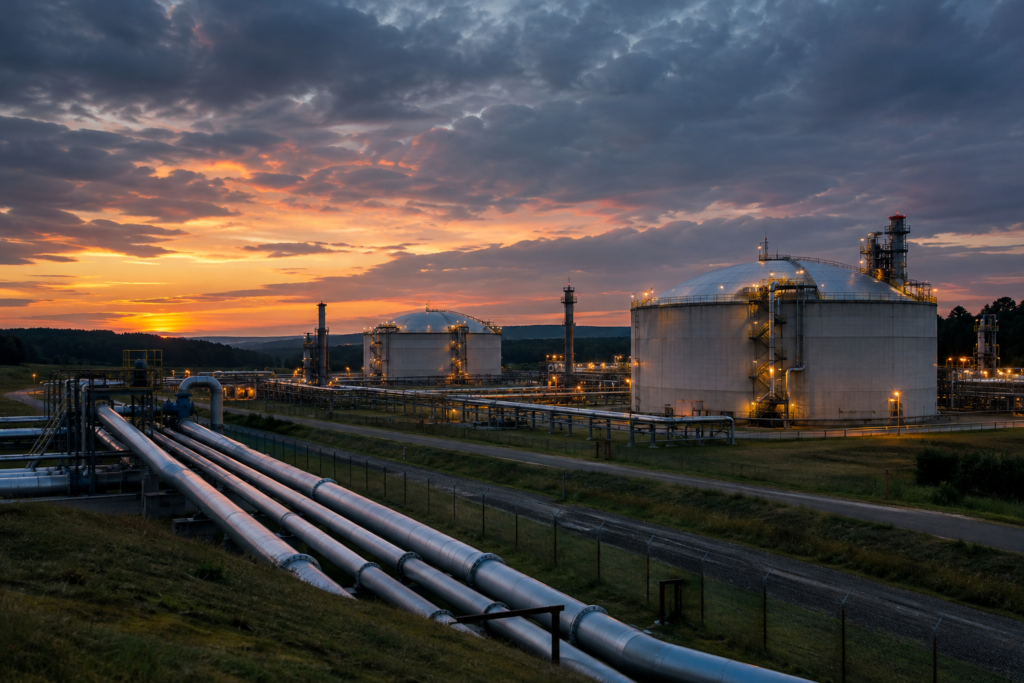 підземні сховища газу та трубопроводи на заході сонця