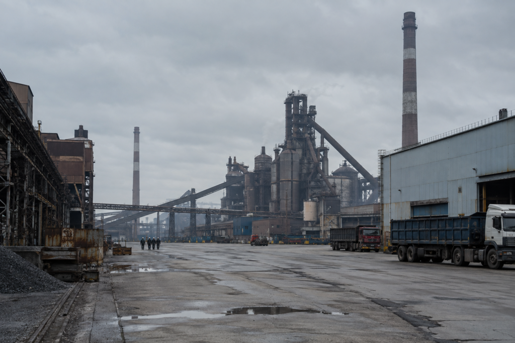 Завод і порожній виробничий майданчик під сірим небом, силуети працівників на відстані