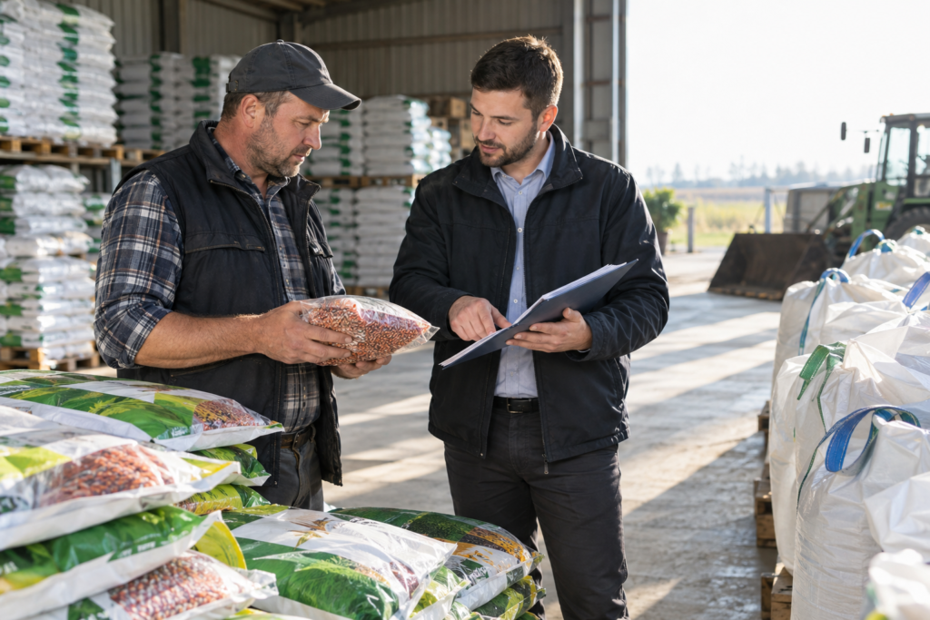 Farmer looking at packs of seed and fertilisers in a warehouse, with a representative holding documents