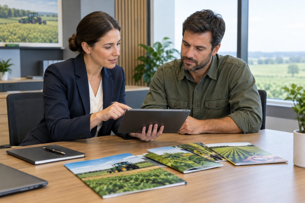 Bank consultant and agribusiness manager reviewing an agreement on a tablet, with agro-brand brochures on the table