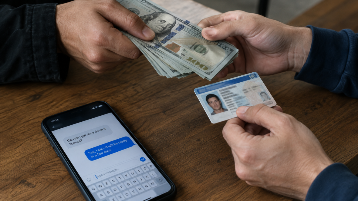Hands handing over money and a fake ID next to a smartphone with a purchase message
