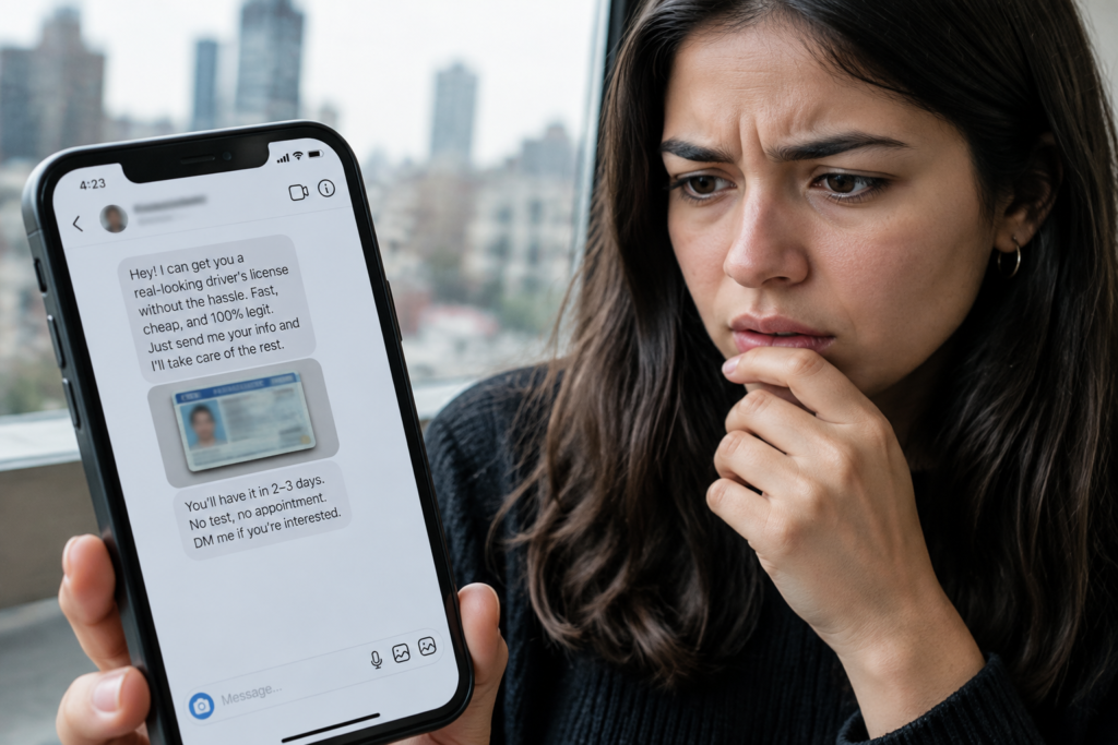 a person reading a suspicious message about buying a fake licence on a smartphone