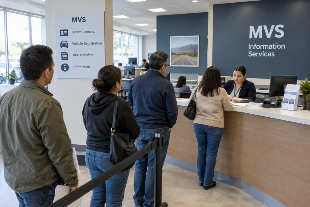service centre of the MIA with people at an information desk and documents