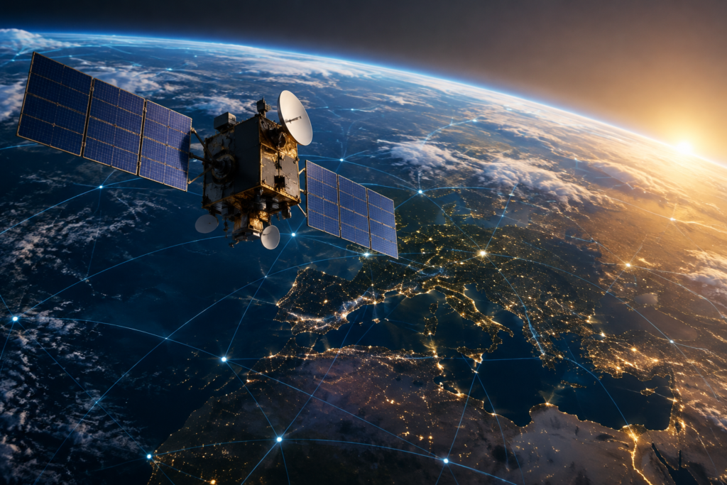 супутник Starlink на тлі Землі з ілюстрацією мобільного покриття