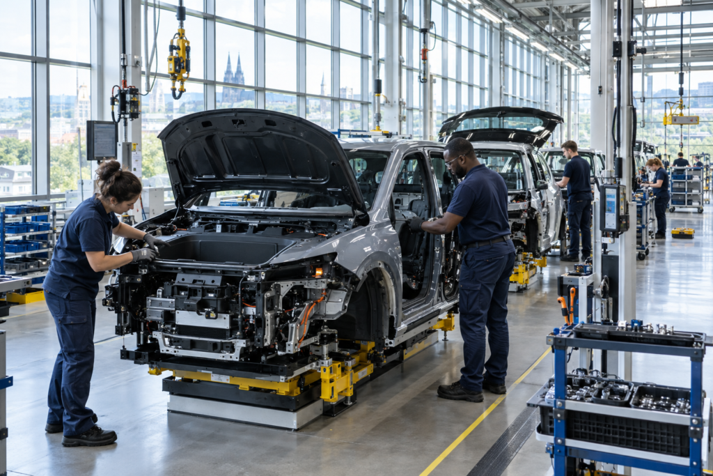 виробничий цех BYD в Європі з працівниками і конвеєром