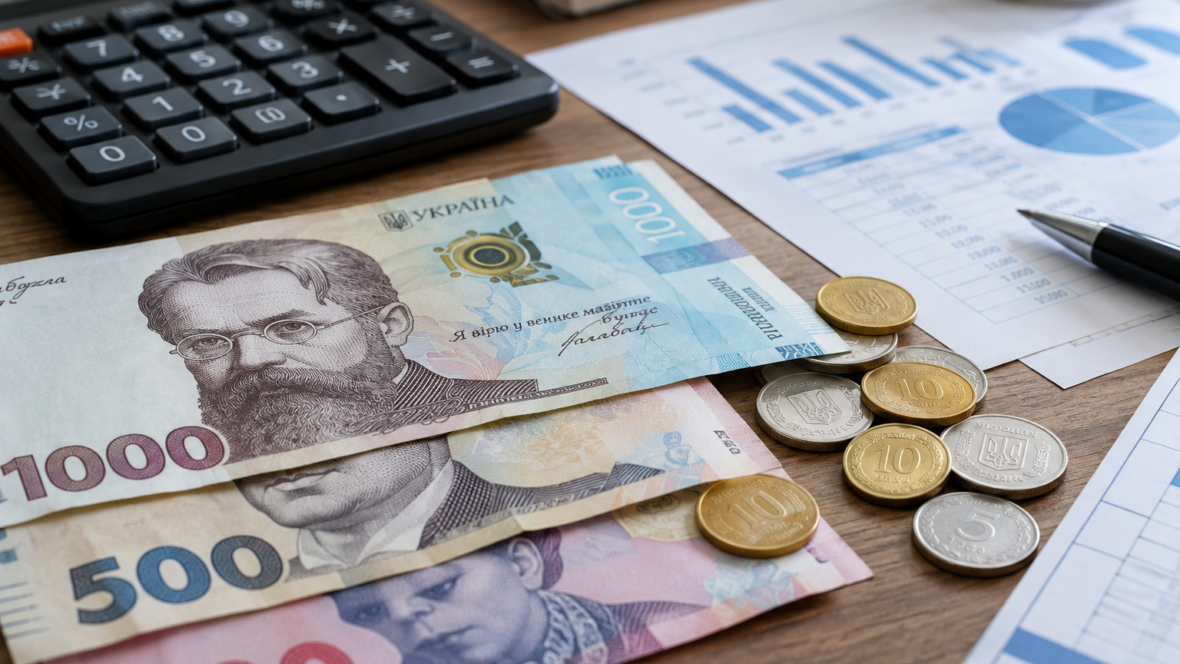 Гривневі банкноти та монети на столі з калькулятором і бюджетними документами