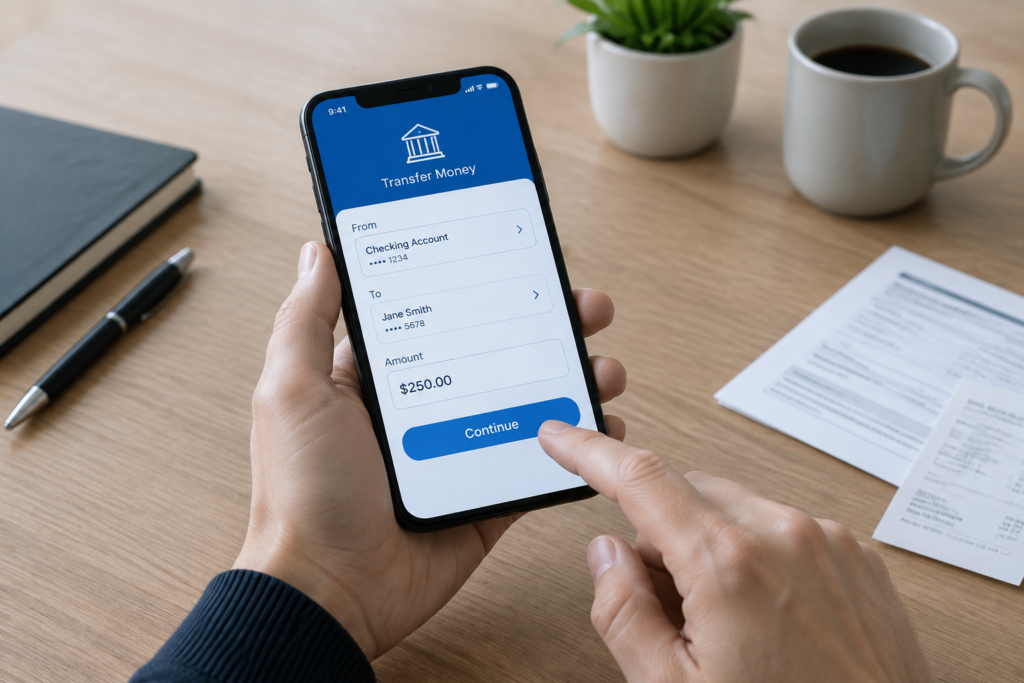 руки роблять грошовий переказ через смартфон, поруч лежать документи