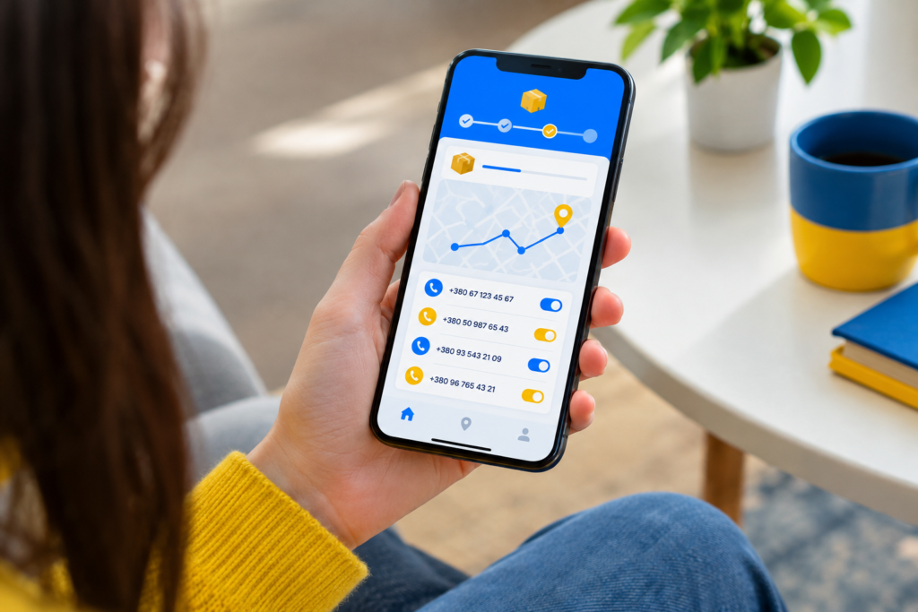 Користувач дивиться на екран смартфона з інтерфейсом відстеження посилки і кількома номерами телефонів