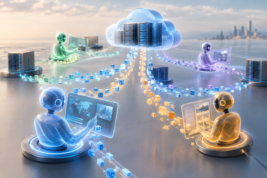 abstract scene of autonomous AI agents with token streams and cloud servers