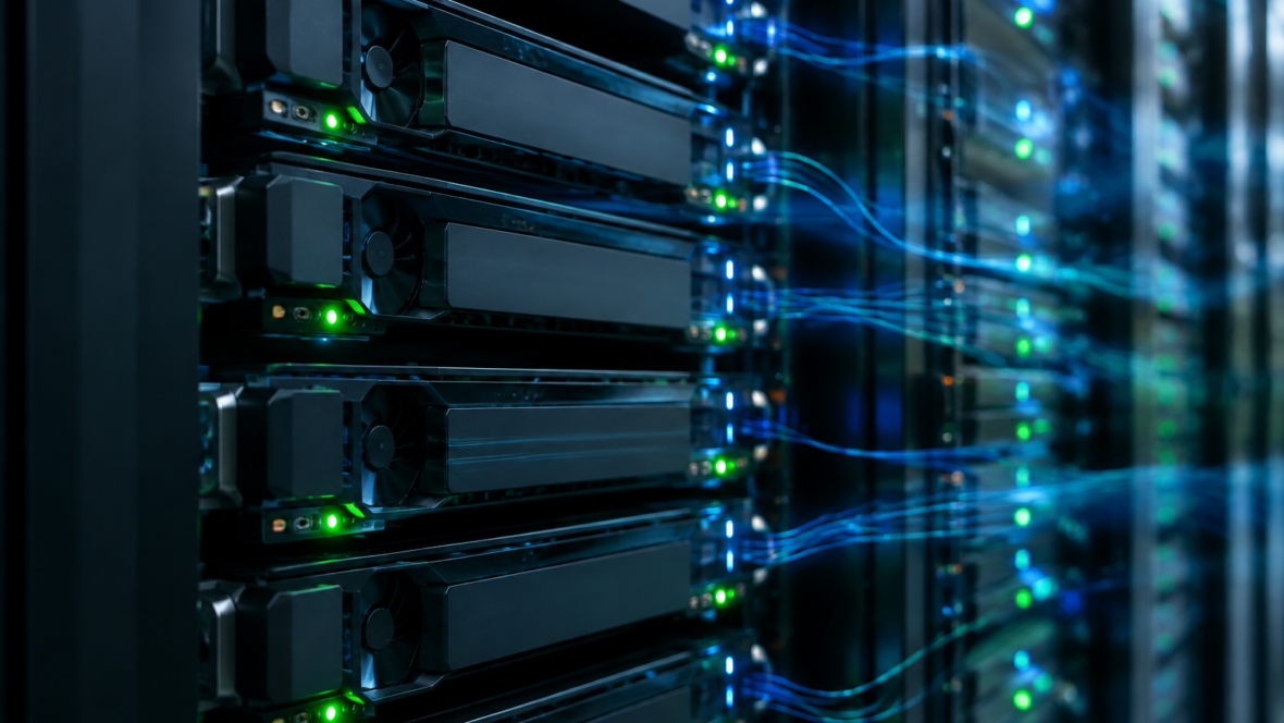 close-up of a GPU rack with indicators and a display of data streams
