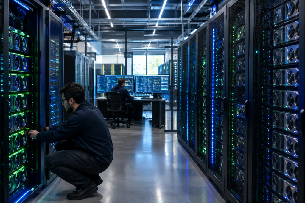 inter'ior of a data centre with rows of GPU servers and technicians