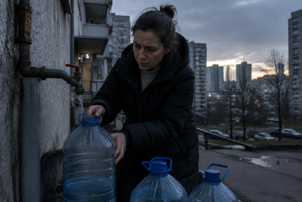 мешканець багатоповерхівки в Києві набирає великі ємності з водою, тривожний вираз обличчя
