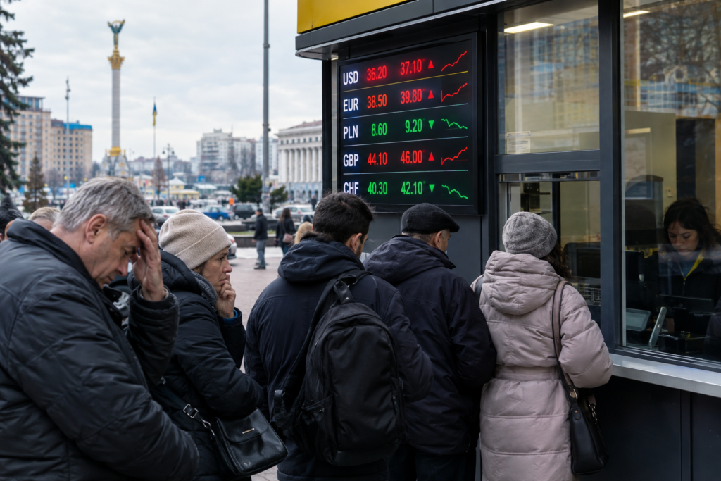 обмін валют зі змінним курсом і люди в черзі, міський пейзаж Києва