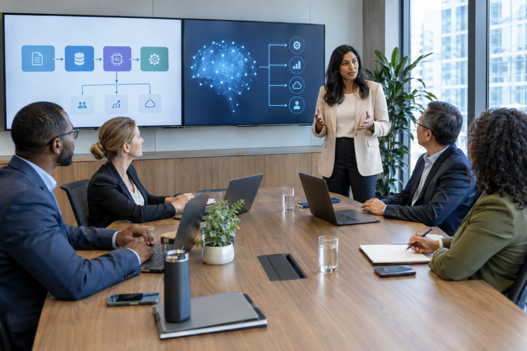 executive meeting in a modern office about AI implementation