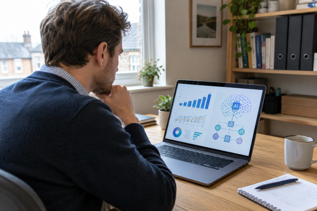 entrepreneur in a small office looking at a laptop showing AI diagrams