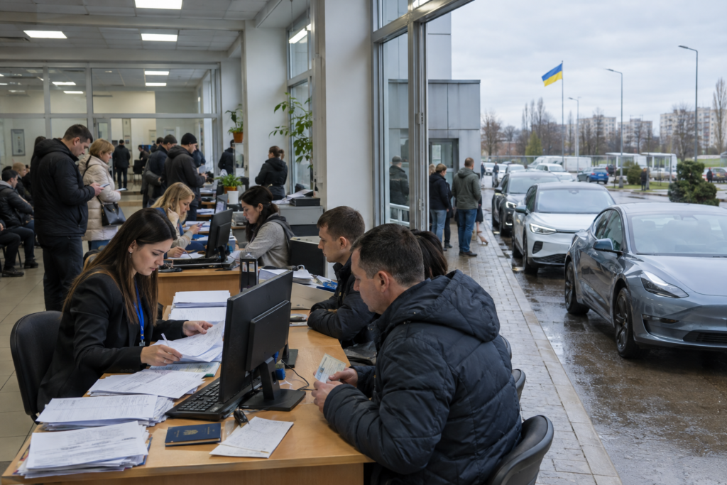 Черга електромобілів біля пункту реєстрації в Україні