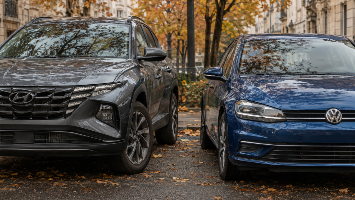 Hyundai Tucson і Volkswagen Golf припарковані поруч у місті