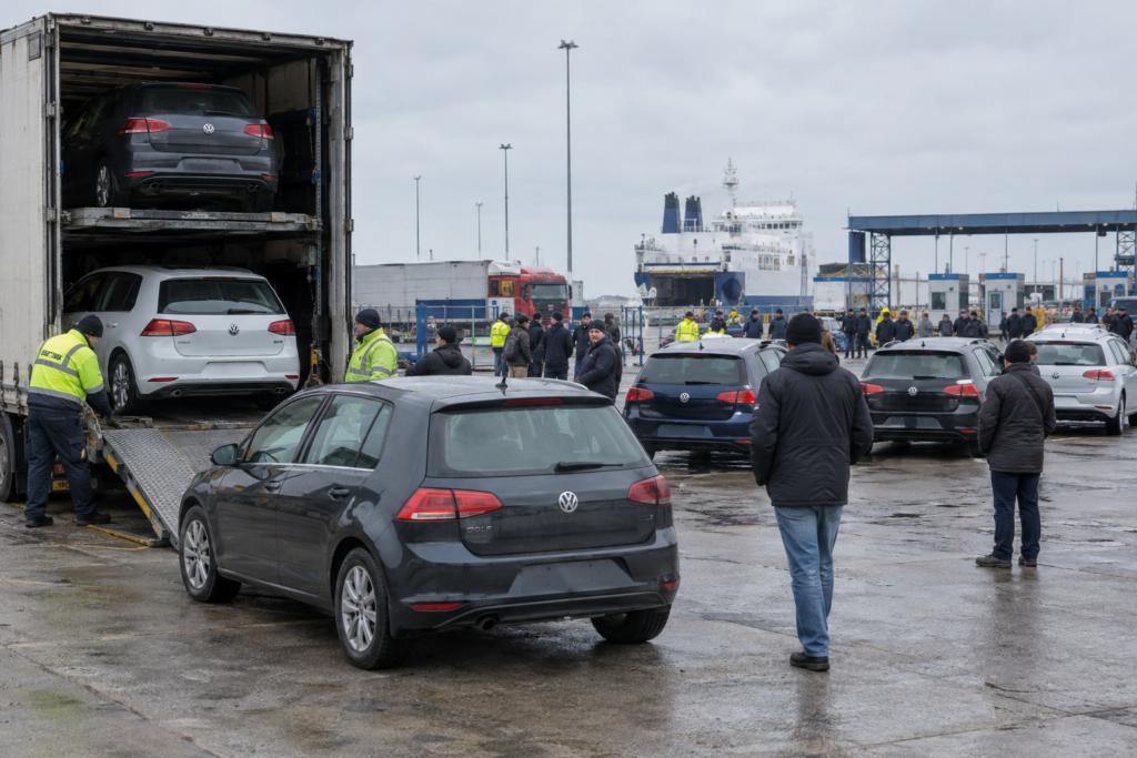 Ввезені вживані Volkswagen Golf на митному пункті під час розвантаження
